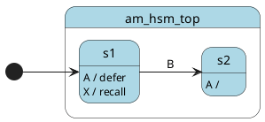 @startuml

left to right direction

[*] --> s1

state am_hsm_top #LightBlue {
    state s1 #LightBlue
    state s2 #LightBlue
}

s1 : A / defer
s1 : X / recall
s1 --> s2 : B

s2 : A /

@enduml